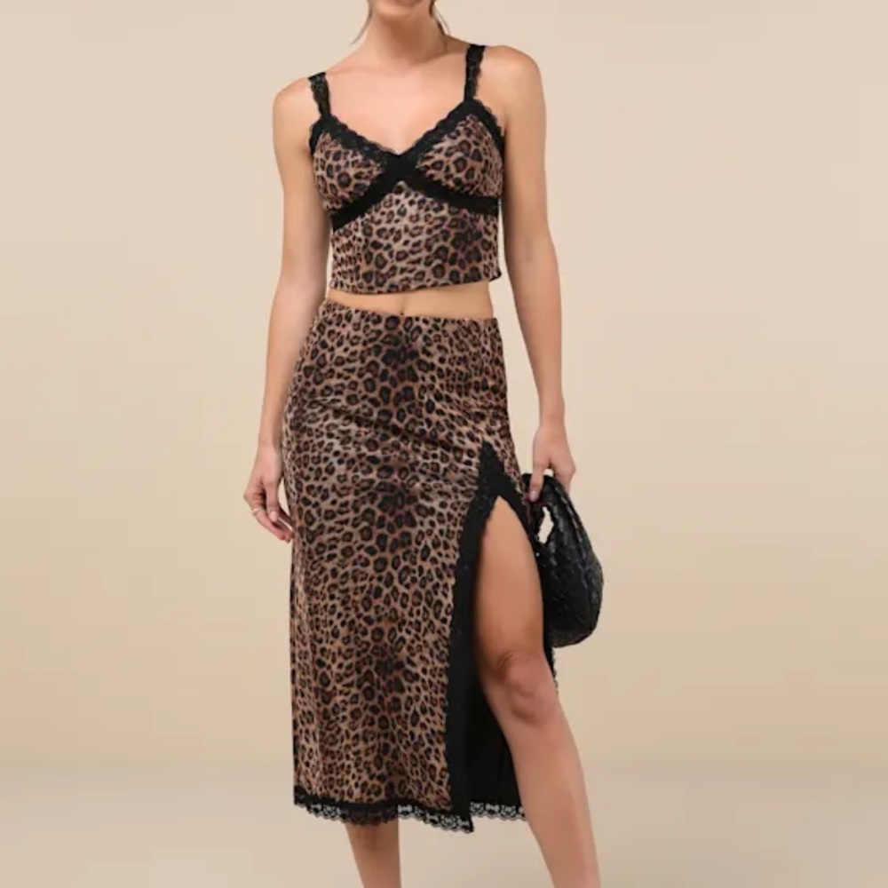 Lulu's Leopard Print Lace Trim Crop Top and Skirt Set - Brown and Black